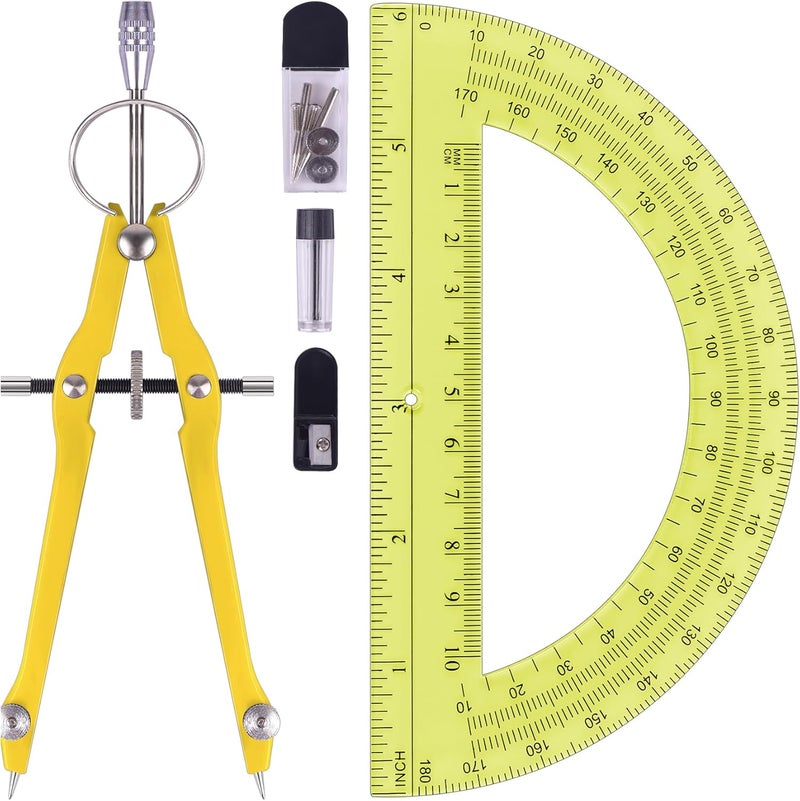 Unjoo Compass and Protractor Set, Professional Drawing Compass Tool, Metal Compass with Extra Refills, Compass for Geometry and 6 Inch Math Protractors 180 Degree (Yellow) - Image 1